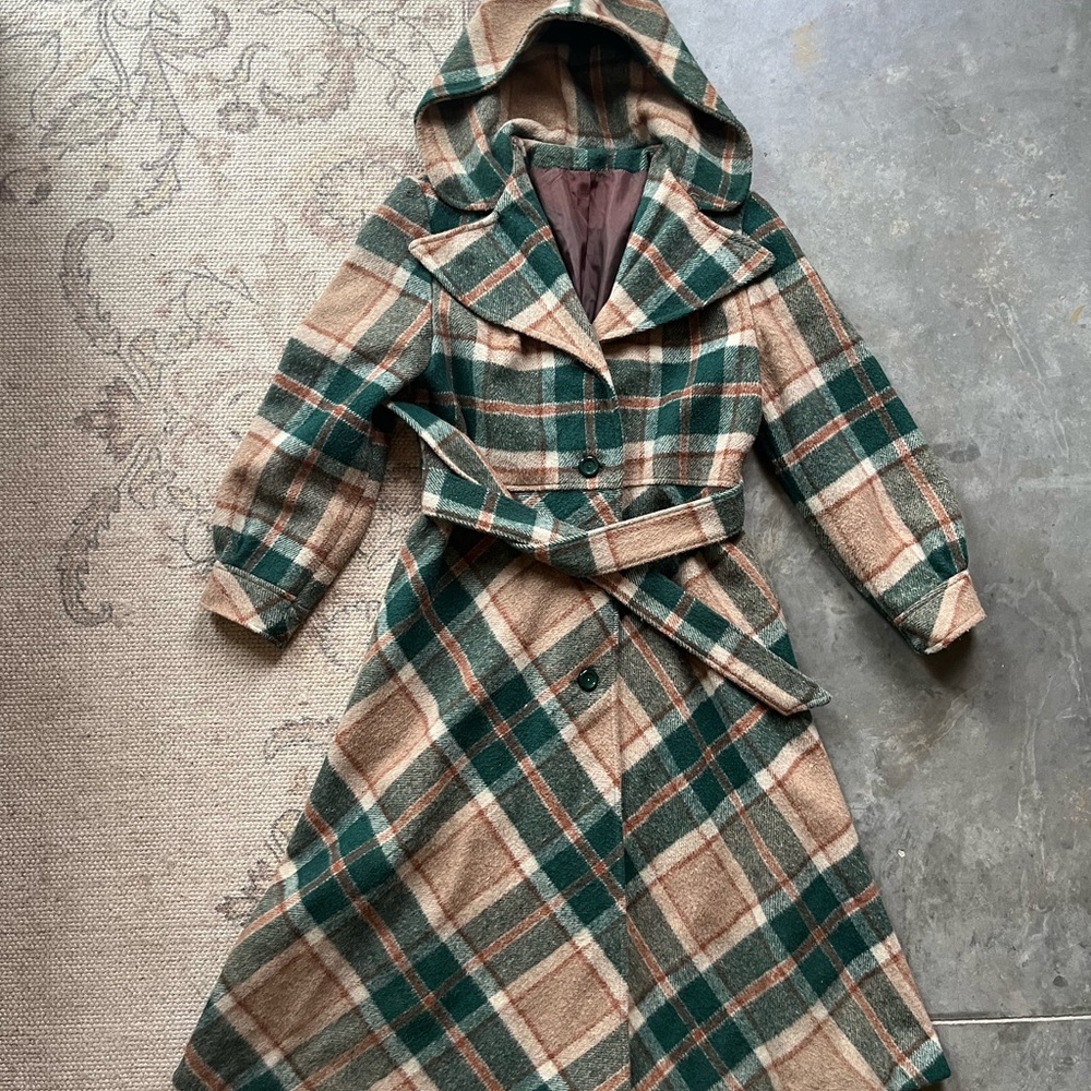 Vintage Green and Tan Plaid Wool Trench Coat